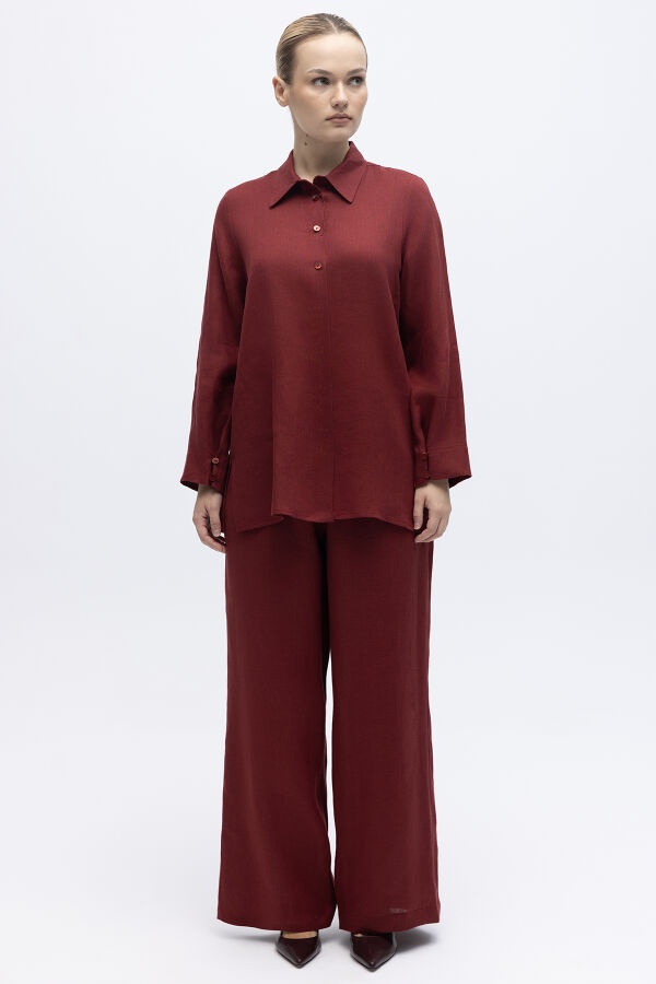 Erkek Yaka Düz Renk Keten Gömlek Cherry - 1