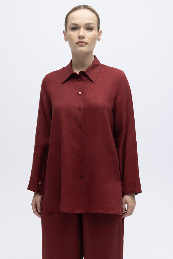 Erkek Yaka Düz Renk Keten Gömlek Cherry - 2