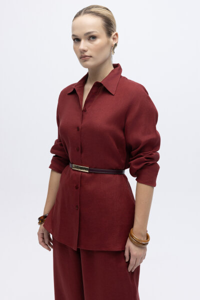 Erkek Yaka Düz Renk Keten Gömlek Cherry - 3