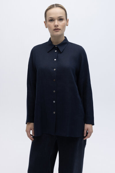 Erkek Yaka Düz Renk Keten Gömlek Lacivert 