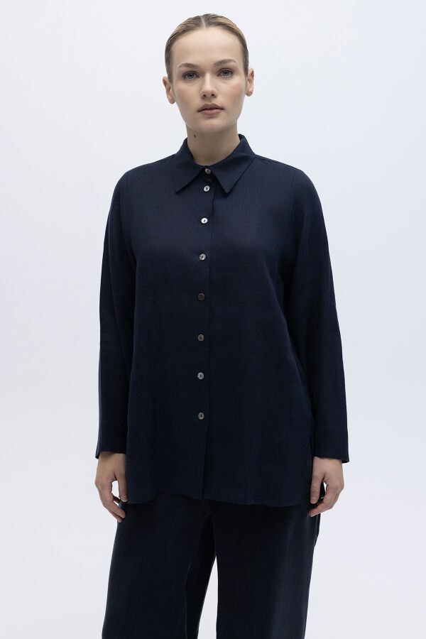 Erkek Yaka Düz Renk Keten Gömlek Lacivert - 1