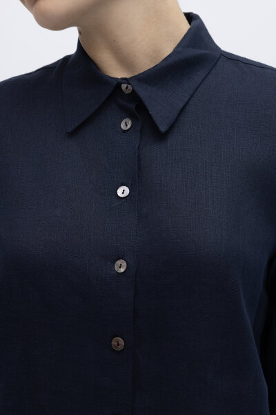 Erkek Yaka Düz Renk Keten Gömlek Lacivert - 3