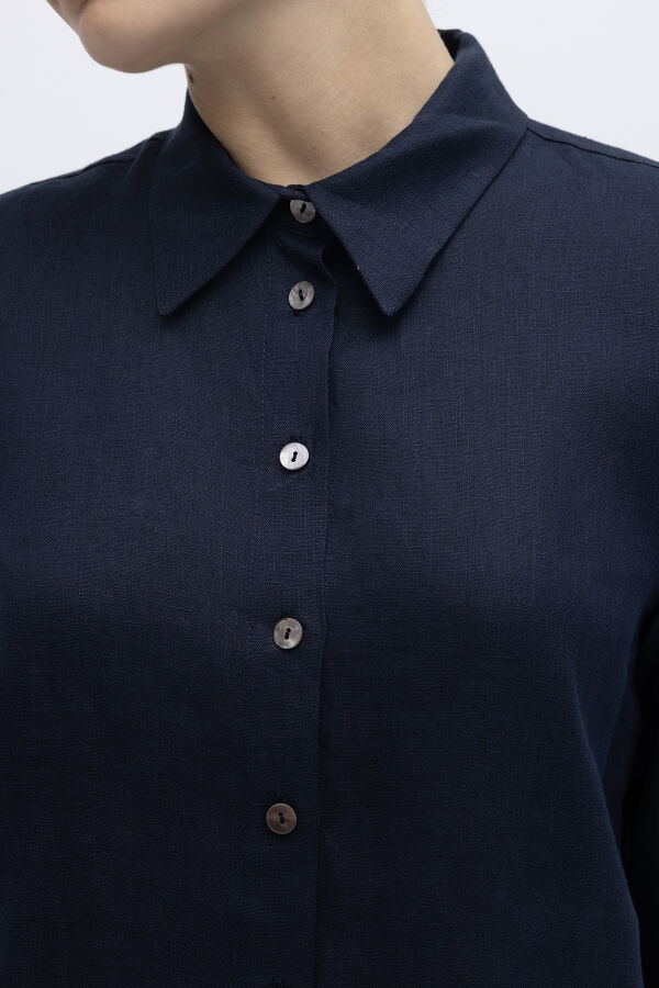 Erkek Yaka Düz Renk Keten Gömlek Lacivert - 3