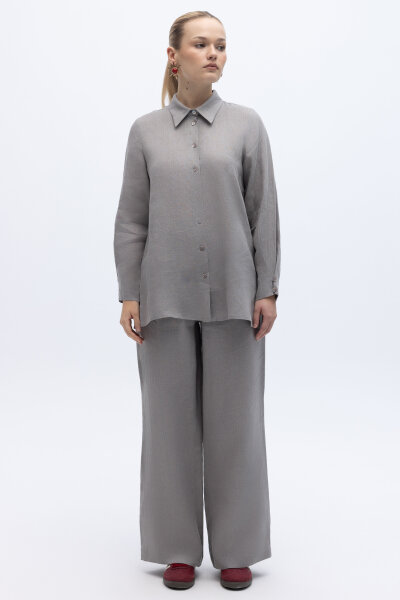 Erkek Yaka Düz Renk Keten Gömlek Gri 