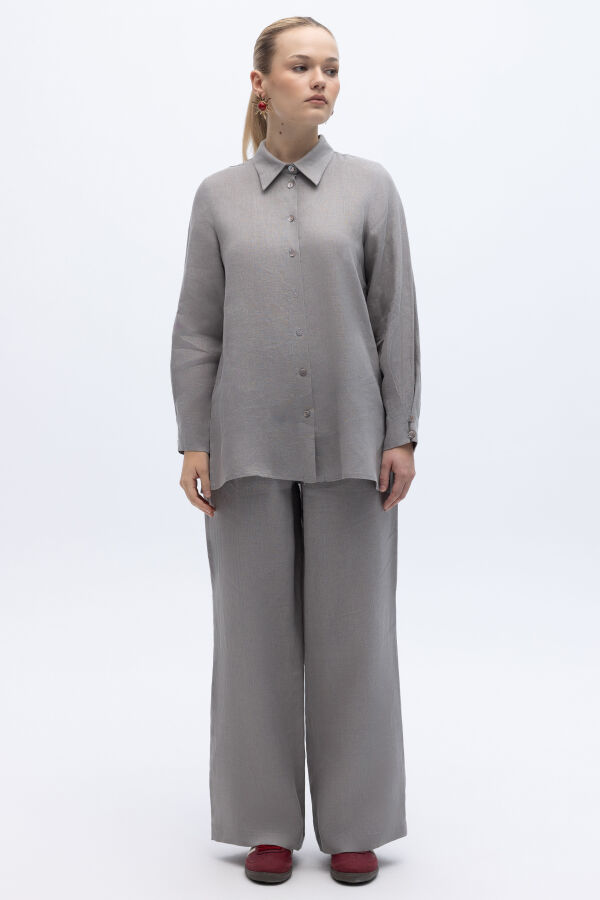 Erkek Yaka Düz Renk Keten Gömlek Gri - 1