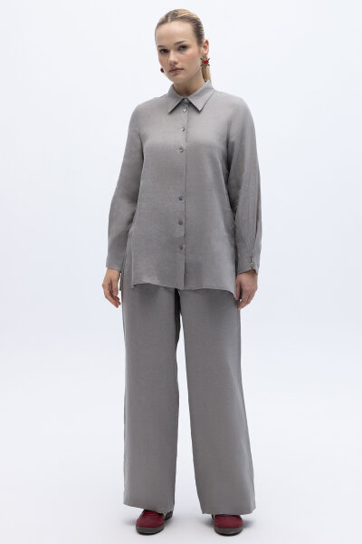 Erkek Yaka Düz Renk Keten Gömlek Gri - 2