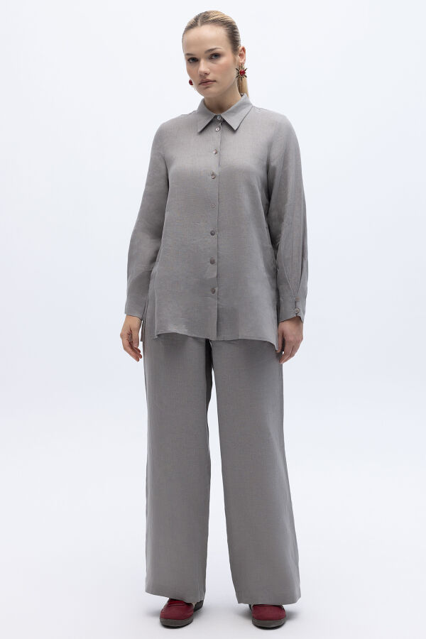 Erkek Yaka Düz Renk Keten Gömlek Gri - 2