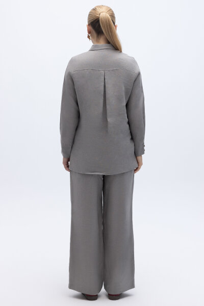 Erkek Yaka Düz Renk Keten Gömlek Gri - 3