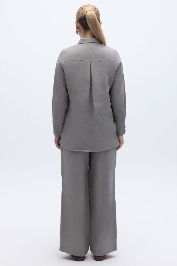 Erkek Yaka Düz Renk Keten Gömlek Gri - 3