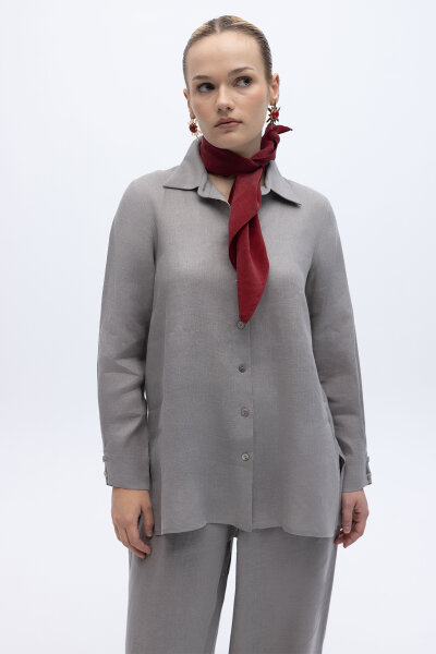 Erkek Yaka Düz Renk Keten Gömlek Gri - 4