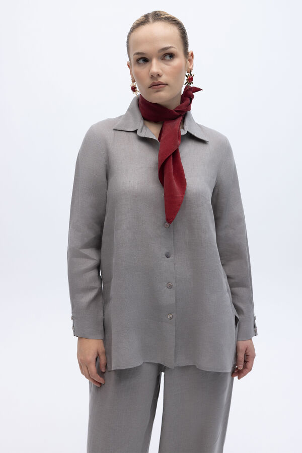 Erkek Yaka Düz Renk Keten Gömlek Gri - 4