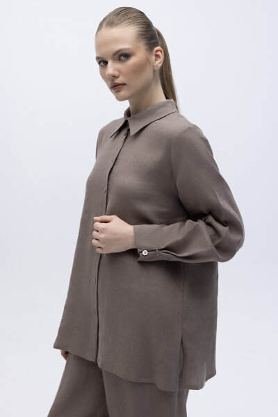 Erkek Yaka Düz Renk Keten Gömlek Mink - 3