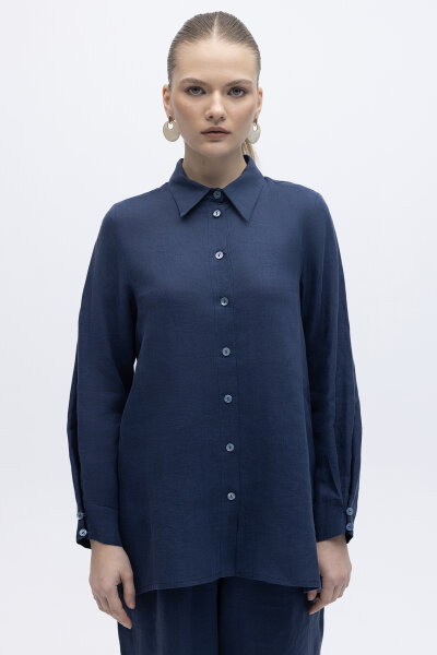 Erkek Yaka Düz Renk Keten Gömlek Navy - MISS DALIDA