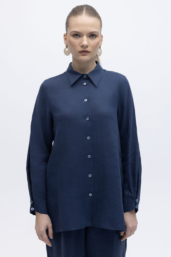 Erkek Yaka Düz Renk Keten Gömlek Navy - 1