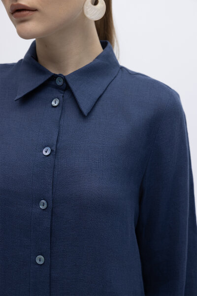 Erkek Yaka Düz Renk Keten Gömlek Navy - MISS DALIDA (1)