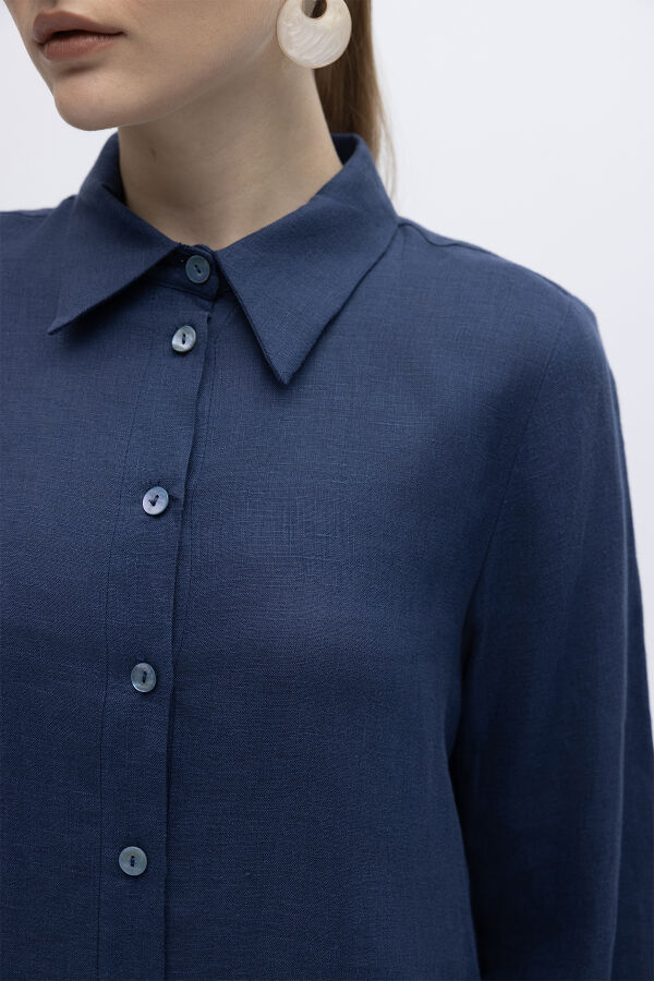 Erkek Yaka Düz Renk Keten Gömlek Navy - 2