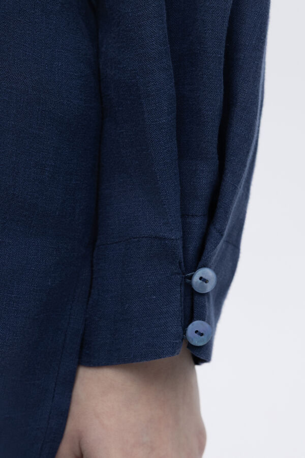 Erkek Yaka Düz Renk Keten Gömlek Navy - 3