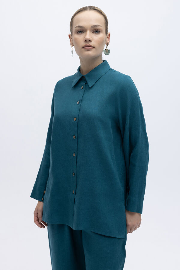 Erkek Yaka Düz Renk Keten Gömlek North Sea - 1