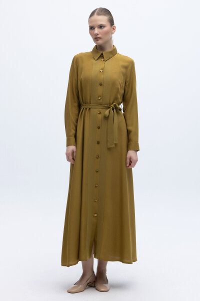 Erkek Yaka İpek Keten Uzun Elbise Amber 