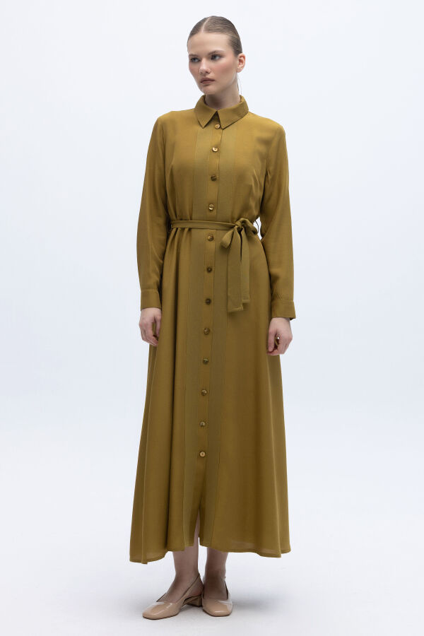 Erkek Yaka İpek Keten Uzun Elbise Amber - 1