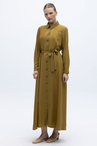 Erkek Yaka İpek Keten Uzun Elbise Amber - MISS DALIDA (1)