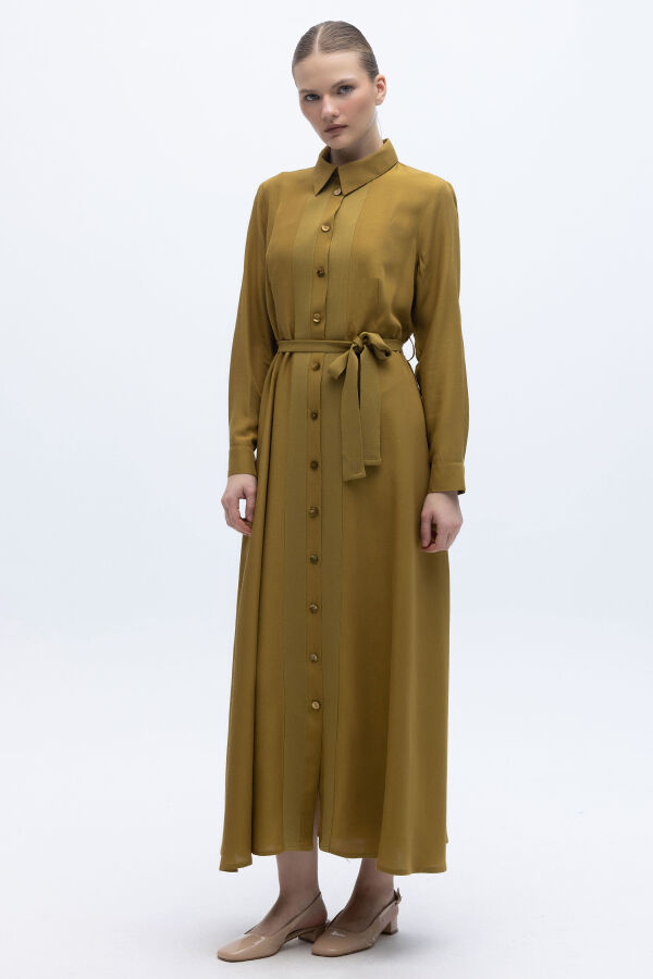 Erkek Yaka İpek Keten Uzun Elbise Amber - 2