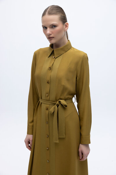 Erkek Yaka İpek Keten Uzun Elbise Amber - 3