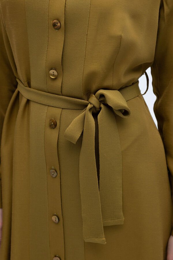 Erkek Yaka İpek Keten Uzun Elbise Amber - 4