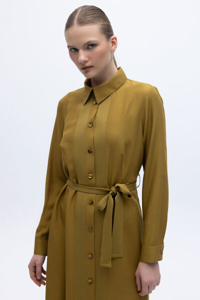 Erkek Yaka İpek Keten Uzun Elbise Amber - 5