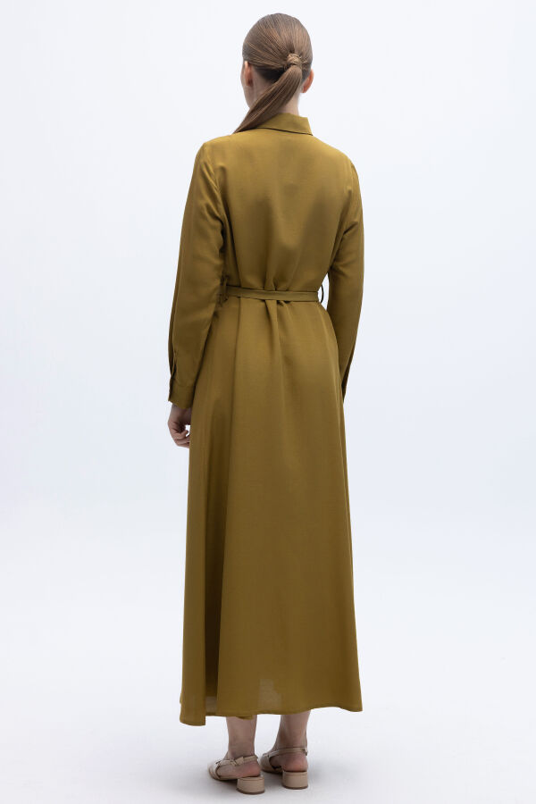 Erkek Yaka İpek Keten Uzun Elbise Amber - 6