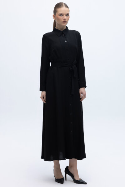 Erkek Yaka İpek Keten Uzun Elbise Siyah 