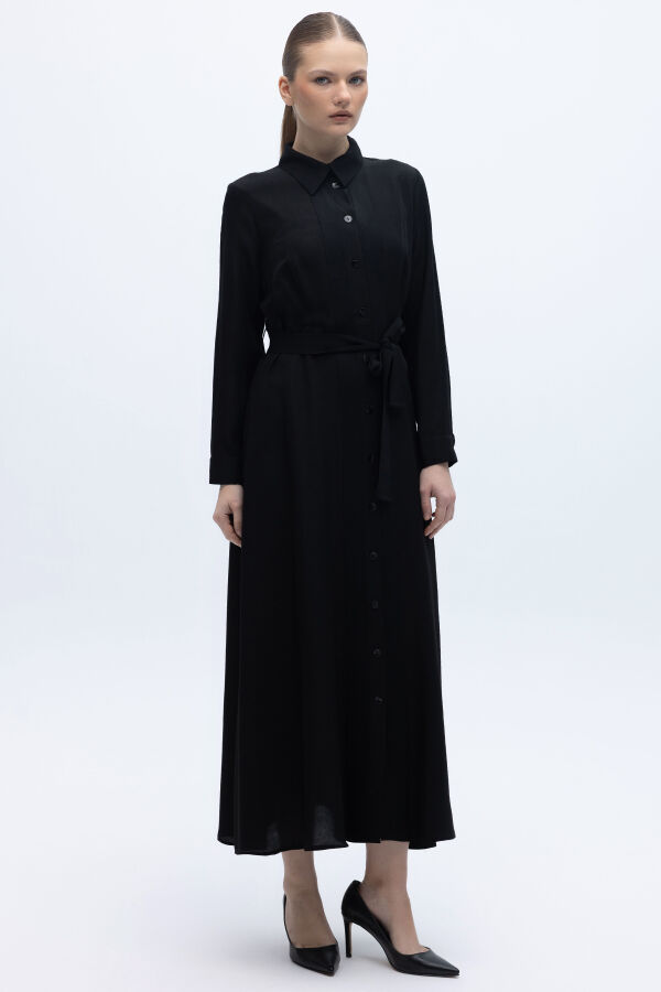 Erkek Yaka İpek Keten Uzun Elbise Siyah - 1