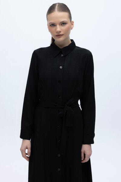 Erkek Yaka İpek Keten Uzun Elbise Siyah - 2