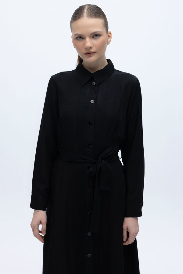 Erkek Yaka İpek Keten Uzun Elbise Siyah - 2