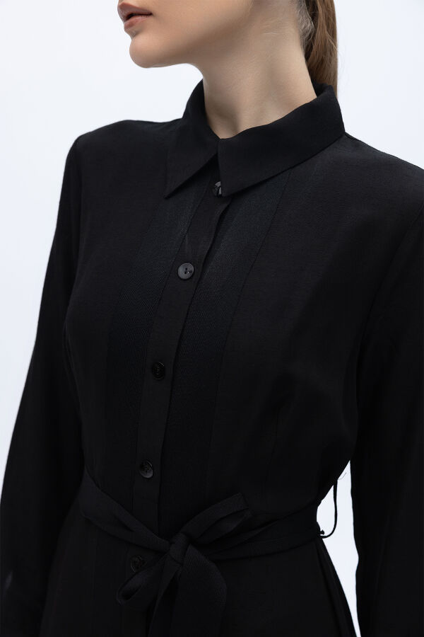 Erkek Yaka İpek Keten Uzun Elbise Siyah - 3