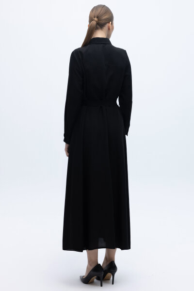 Erkek Yaka İpek Keten Uzun Elbise Siyah - 4