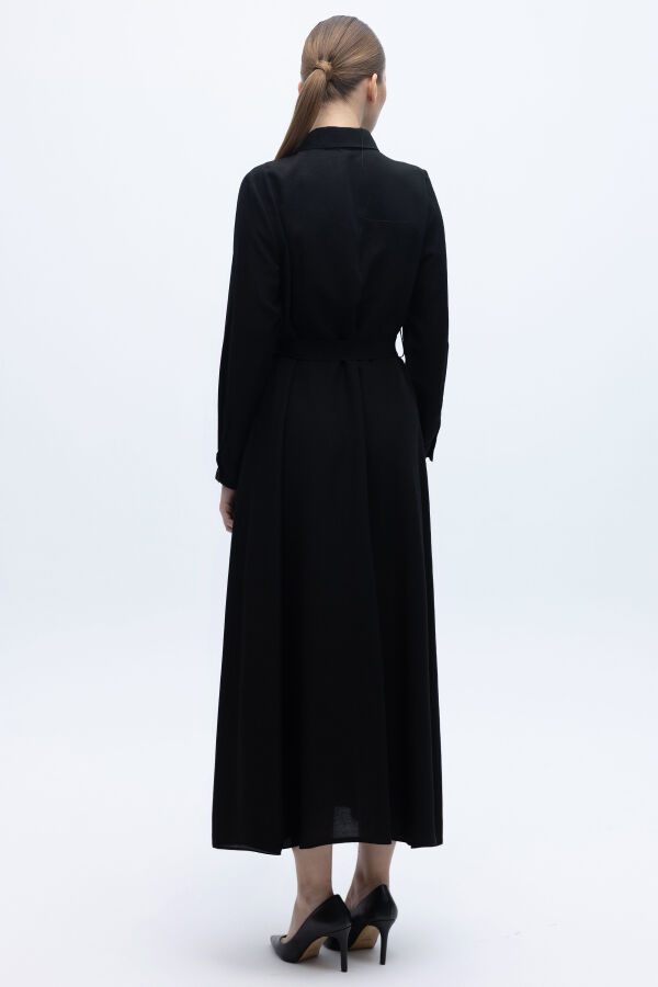 Erkek Yaka İpek Keten Uzun Elbise Siyah - 4