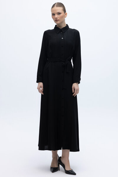 Erkek Yaka İpek Keten Uzun Elbise Siyah - 5