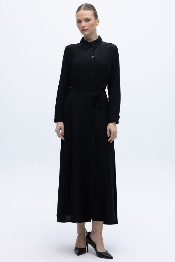 Erkek Yaka İpek Keten Uzun Elbise Siyah - 5