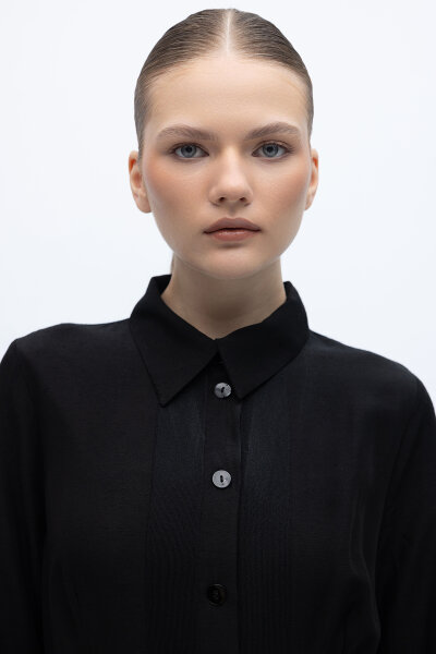 Erkek Yaka İpek Keten Uzun Elbise Siyah - 6