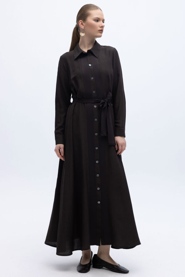 Erkek Yaka İpek Keten Uzun Elbise Kahverengi - 1