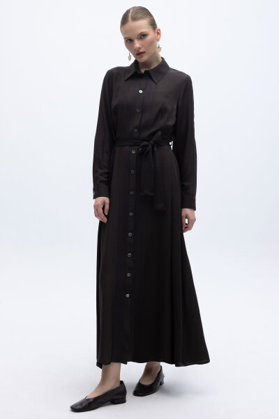 Erkek Yaka İpek Keten Uzun Elbise Kahverengi - 2