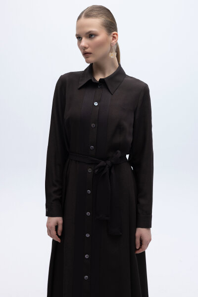 Erkek Yaka İpek Keten Uzun Elbise Kahverengi - 3