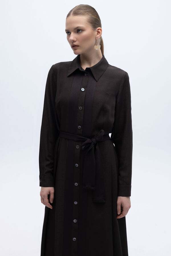 Erkek Yaka İpek Keten Uzun Elbise Kahverengi - 3