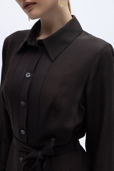 Erkek Yaka İpek Keten Uzun Elbise Kahverengi - 4