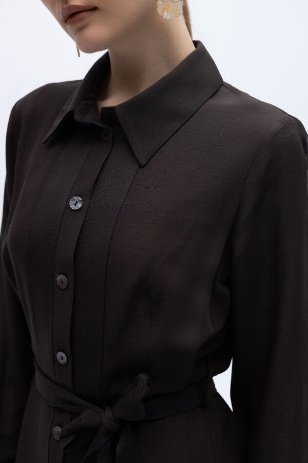 Erkek Yaka İpek Keten Uzun Elbise Kahverengi - 4