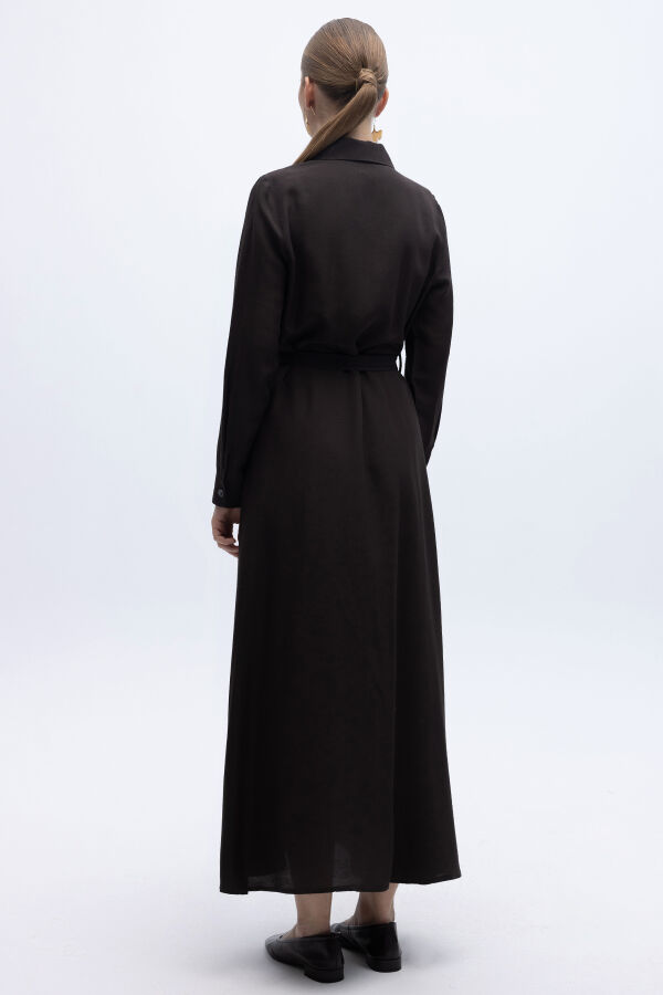 Erkek Yaka İpek Keten Uzun Elbise Kahverengi - 5