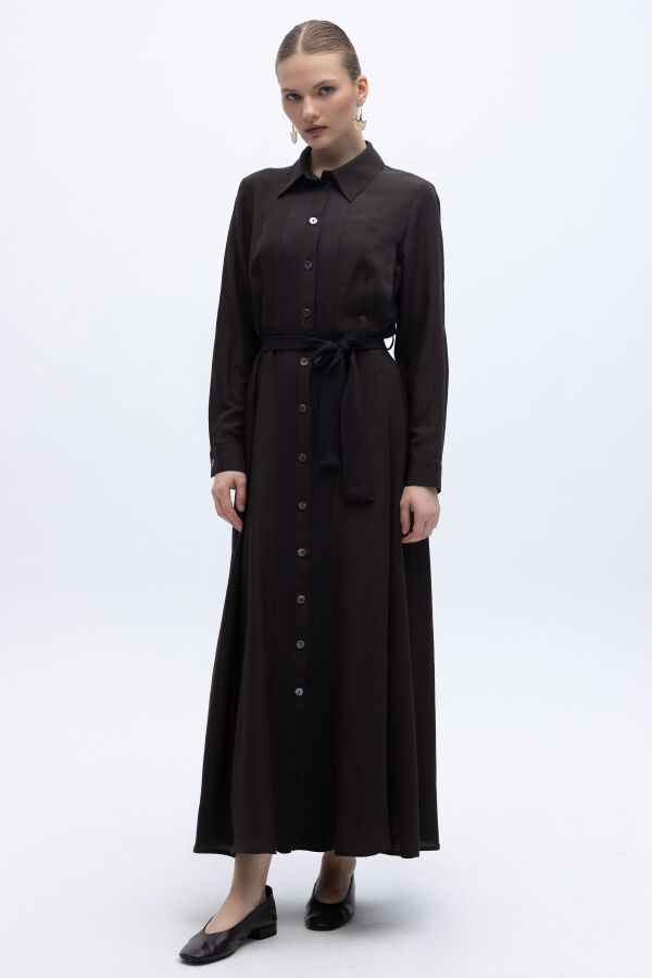 Erkek Yaka İpek Keten Uzun Elbise Kahverengi - 6