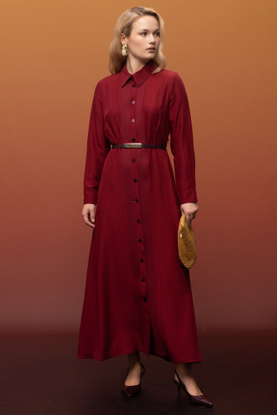 Erkek Yaka İpek Keten Uzun Elbise Cherry 