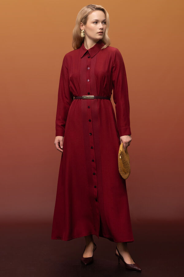 Erkek Yaka İpek Keten Uzun Elbise Cherry - 1